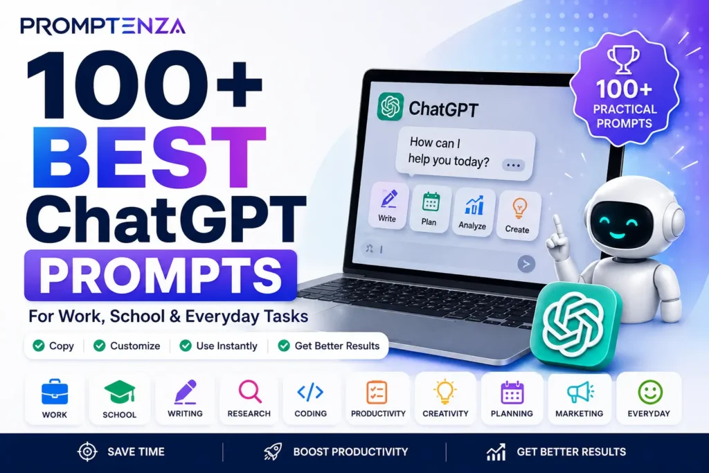 104 practical ChatGPT prompts for work, school, writing, research, coding, productivity, content creation, planning, creativity, and everyday tasks.