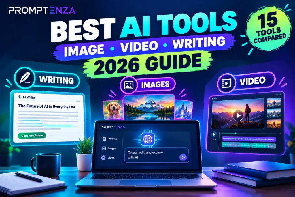 Best AI Tools 2026 Guide featuring Writing, Images, and Video AI tools around a central creative workstation, with 15 tools compared.