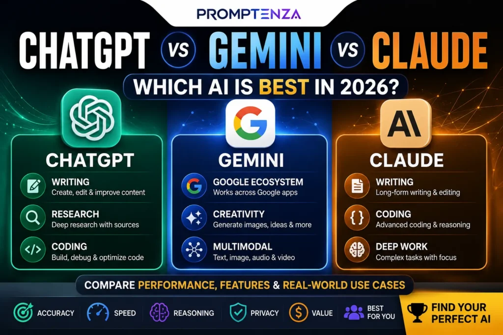 ChatGPT vs Gemini vs Claude comparison showing the best AI for different tasks in 2026