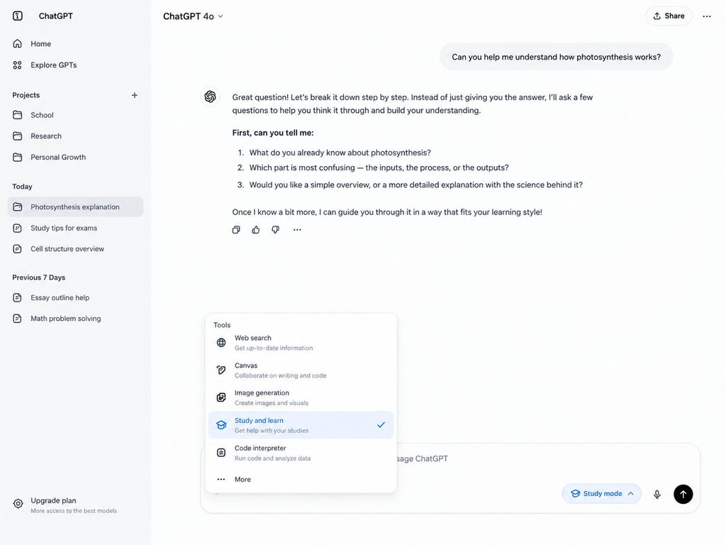 ChatGPT Study Mode selected in the ChatGPT interface for interactive learning and step-by-step study help.