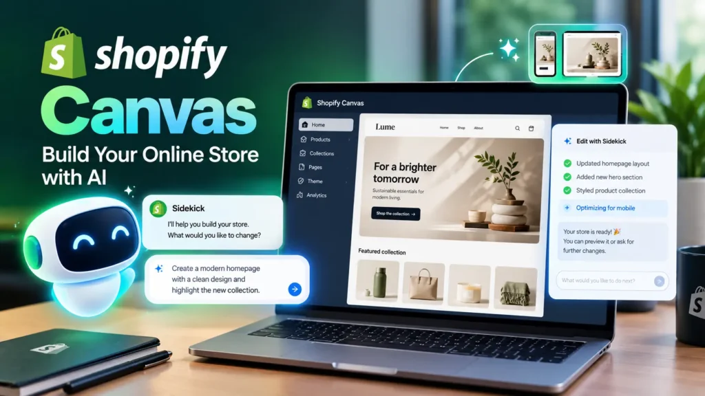 Shopify Canvas AI workspace showing Sidekick building an online store